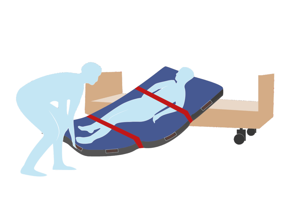 Illustration einer Person die eine andere Person mithilfe einer EVAQ-Matratze evakuiert