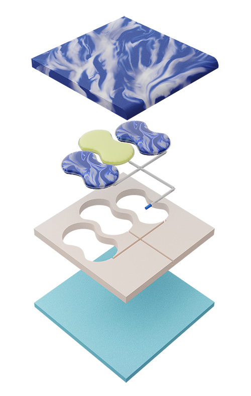 Illustration des Luftzellensitzkissen, in der die einzelnen Schichten zu sehen sind