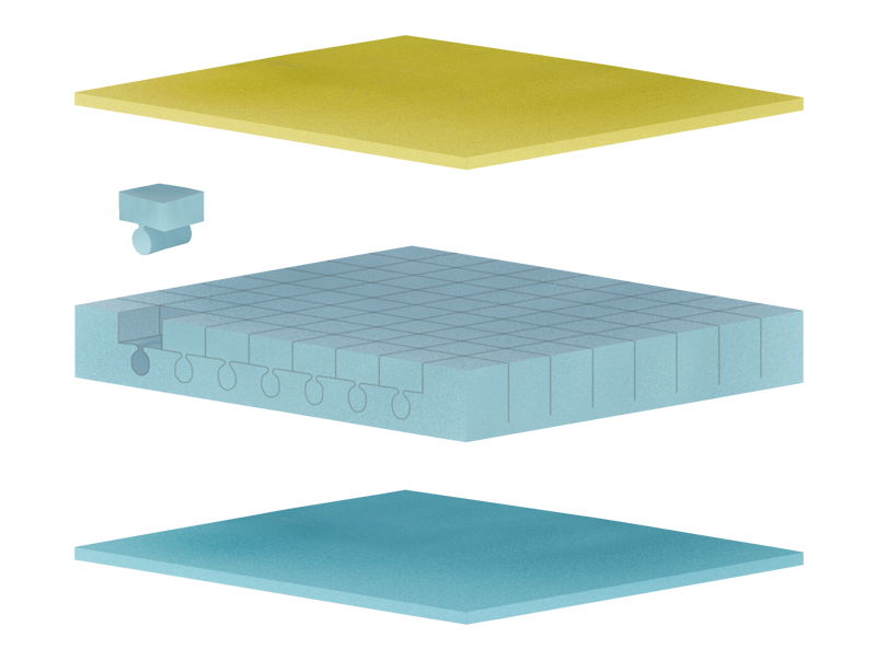 Explosions-Illustration des Cubeseats, in der die einzelnen Schichten des Sitzkissen zu sehen sind